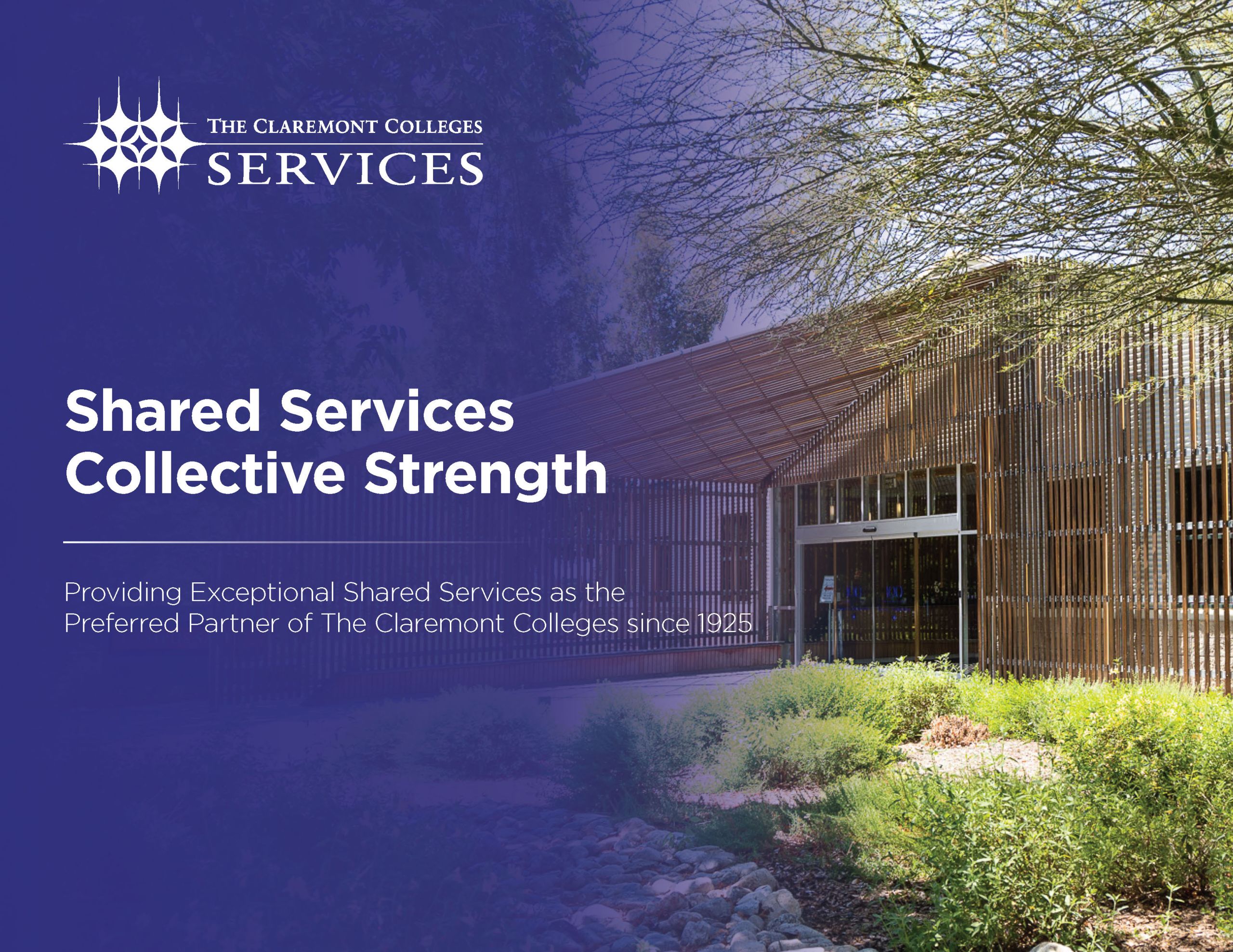 brochure cover of service building exterior in sunlight with green landscaping